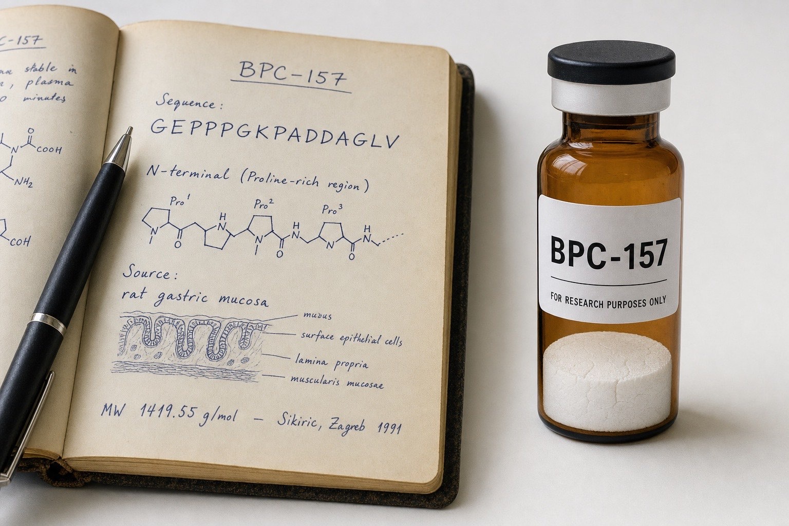 BPC-157 the most-researched research peptide explained - white lyophilised cake in amber research vial alongside chemistry notebook with the GEPPPGKPADDAGLV sequence and gastric mucosa source-tissue sketch