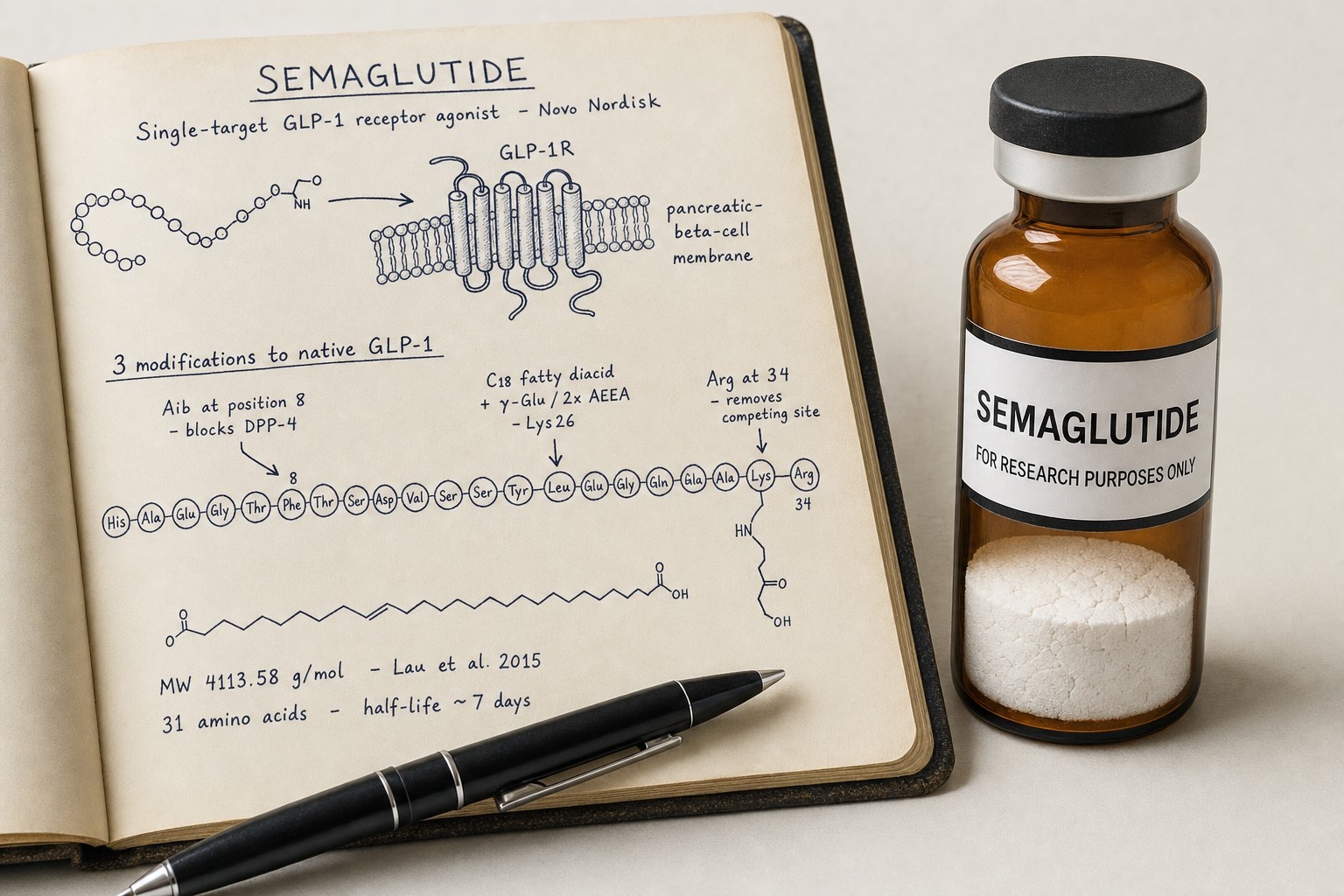 Semaglutide the GLP-1 receptor agonist explained - white lyophilised cake in amber research vial alongside chemistry notebook with GLP-1 receptor diagram and three modification annotations