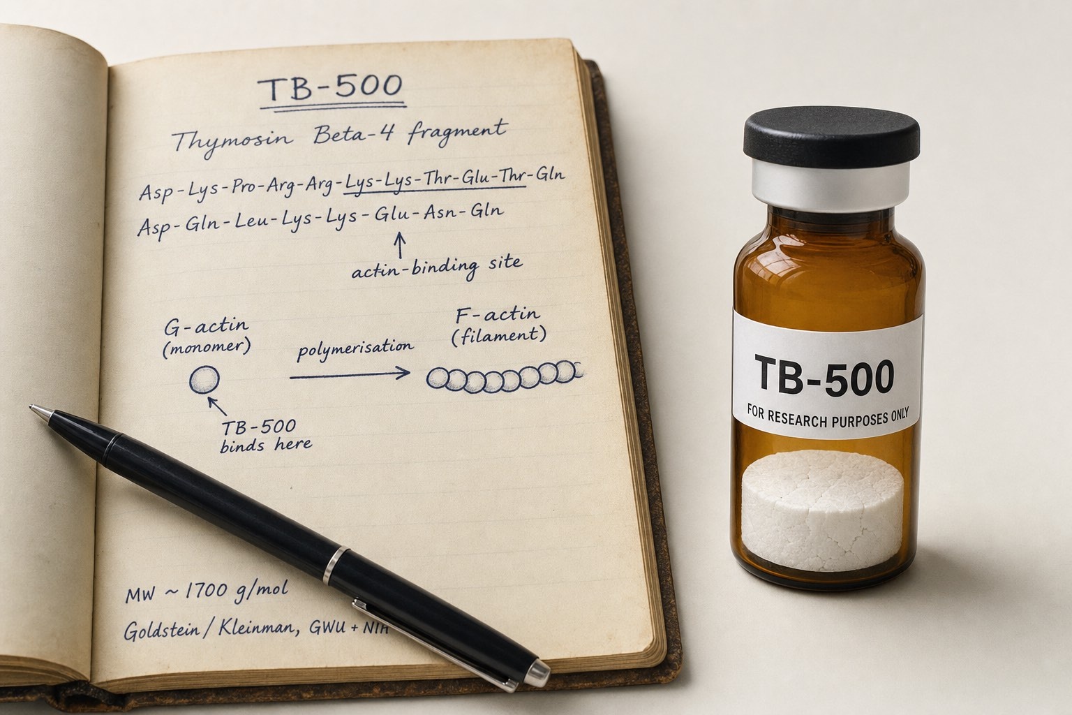 TB-500 the Thymosin Beta-4 fragment explained - white lyophilised cake in amber research vial alongside chemistry notebook with the LKKTET actin-binding motif highlighted and a G-actin to F-actin polymerisation diagram