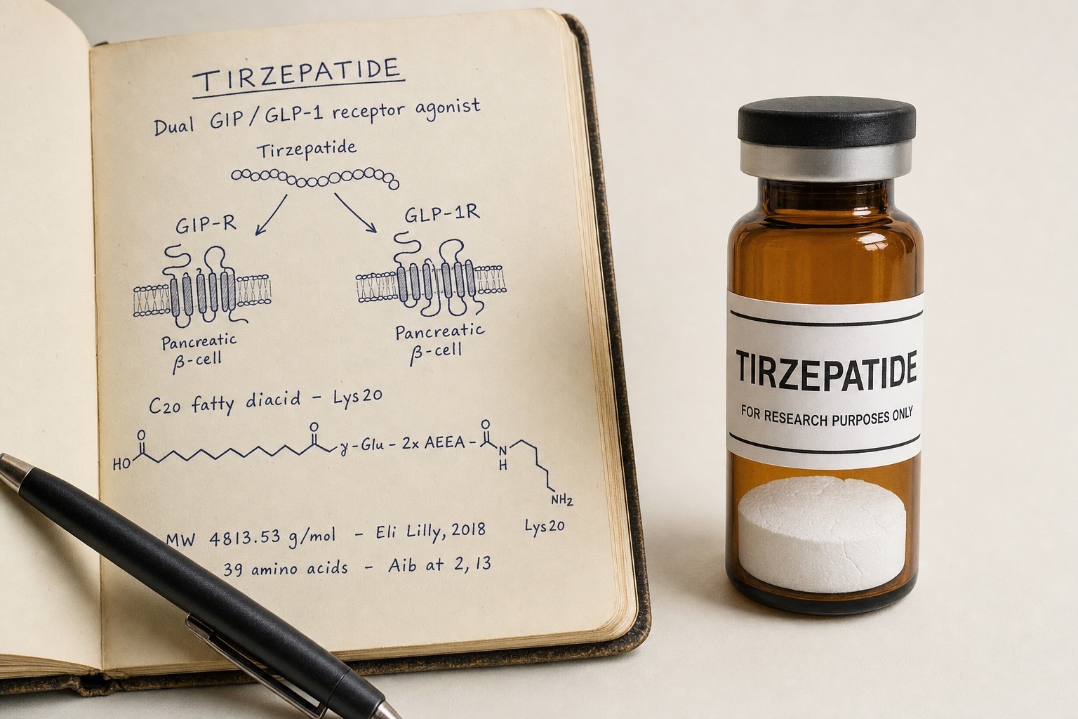 Tirzepatide the dual GIP and GLP-1 receptor agonist explained - white lyophilised cake in amber research vial alongside chemistry notebook with twincretin receptor diagram and C20 fatty diacid modification